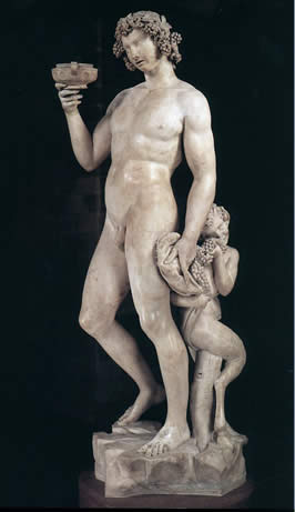 a sculture of a naked man wearing grapes in his hare holding a bowl of wine with a young boy behind him