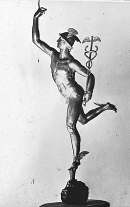 a statue of a naked Mercury holding the Cadeseus staff wearing his winged helm and sandles