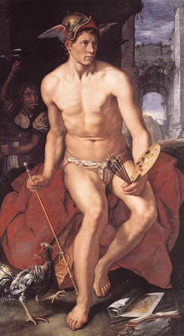 Mercury, wearing his winged helm and holding the Cadeseus staff as well as paint brushes and a palatte