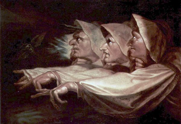 three cloaked women stand and point to the left of the painting with stern looks upon their faces