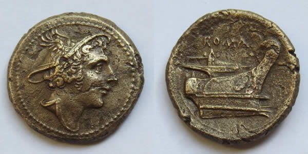 two photographs of a coin -- one of each side -- one which depicts Mercury