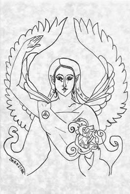 a thin line drawing of a woman with wings