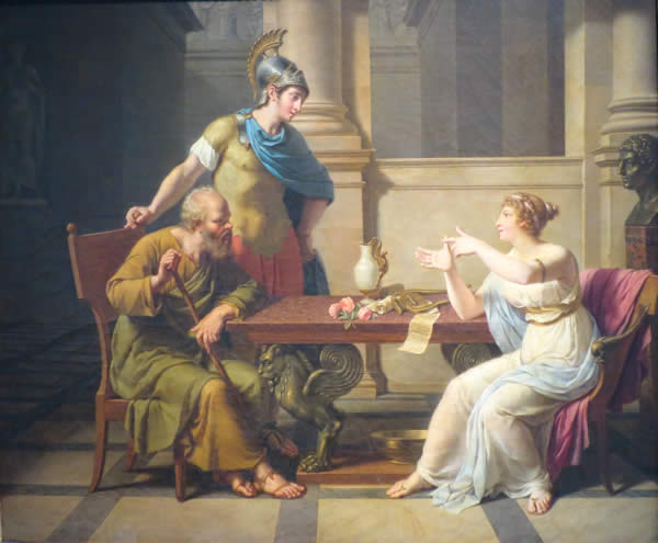 socretes and aspasia seated at a table in debate
