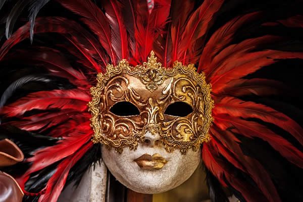 a Venetian mask surrounded by red feathers