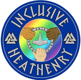 a circular symbol with a blue border shwoing three hands clasping a ring in which Thor's hammer is pictured. the hands are of three different skin tones. The caption reads "Inclusive Heathenry"