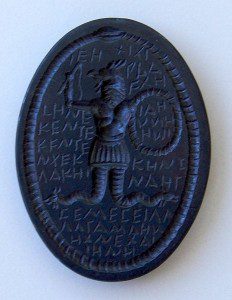 A Late Antique Gnostic Abraxas stone, used as an amulet or magical charm.