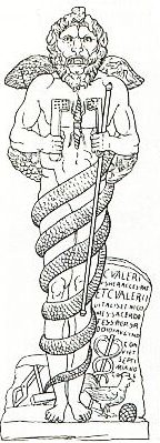 Drawing of the leontocephaline found at the Mithraeum of C. Valerius Heracles and sons, dedicated 190 AD at Ostia Antica, Italy (CIMRM 312).