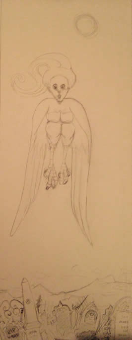 a pencil sketch of a harpy flying above a cemetery