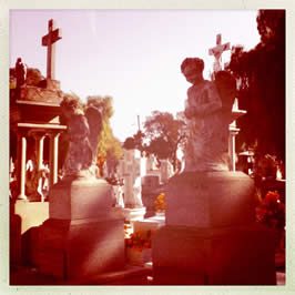 a filtered image of a cemetery made to look as if it was taking in the 19th century