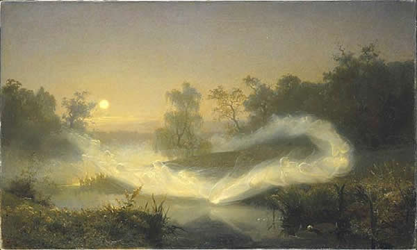 a painting of a glow of light dancing through a forest by a pond 