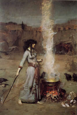 a woman with a wand stands next to a steaming cauldron