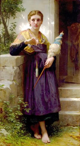 The Spinner by William-Adolphe Bouguereau shows a woman hand-spinning using a drop spindle. Fibers to be spun are bound to a distaff held in her left hand.