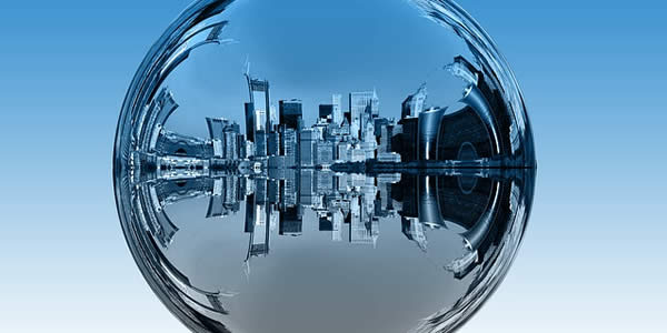 a cityscape digitally manipulated to appear as if in a drop of water