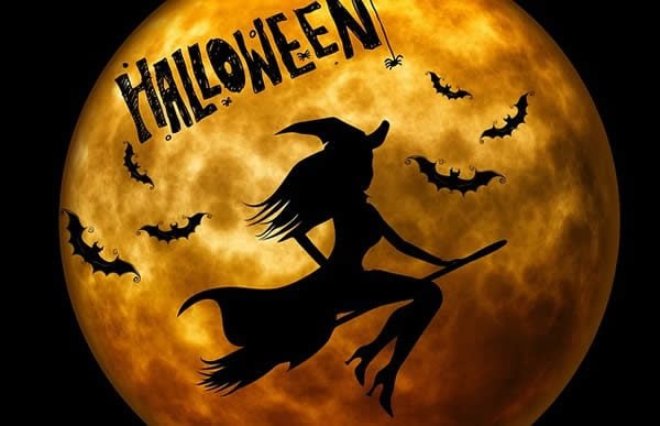 a silhouette of a woman riding a broom in front of the full moon with the words "Happy Halloween" above them