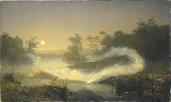 a painting of a glow of light dancing through a forest by a pond