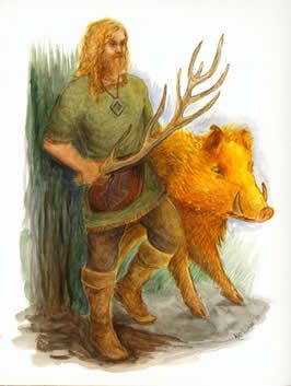 freyr dressed casually in trousers and green tunic with his golden hog