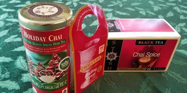 three different holiday teas in their respective boxes