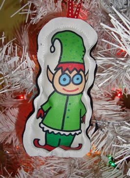 an cartoon elf on a christmas tree ornament