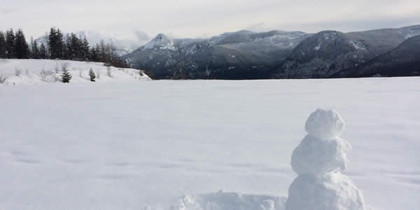 a snowy field with a half completed snowman in the foreground