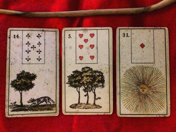 playing cards with the images of a fox, trees, and the sun on them