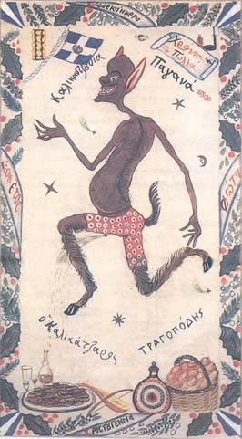 a brown skinned, goat-footed figure with bat like features