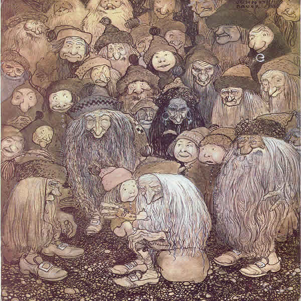 a number of ugly trolls and a small boy