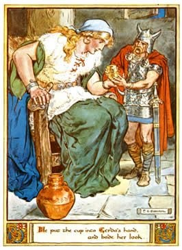 an armored man hands a chalice to gerd