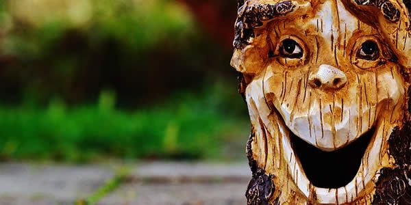 a smiling, goofy face carved into a tree branch