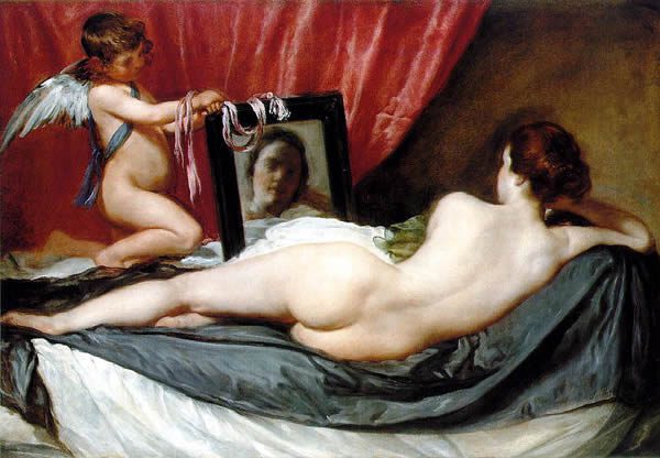 a naked woman, Venus, with her back facing the view, gazes into a mirror displaying her face held by a cherub