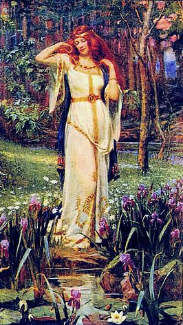 Freya, pictured as a red-headed woman in a flowing white robe, standing before a pond and flowers