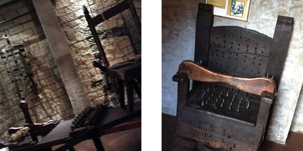 on the left, a torturous rack; on the right, a chair festooned with nails