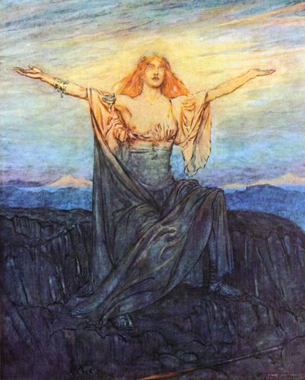 a blond women her arms raised to the rising sun in a robe showing one breast