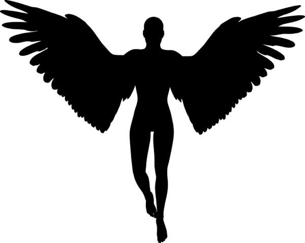 a silhouette of a male figure with the wings of an angel