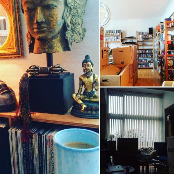 a collage of photographs of the authors apartment, chiefly one of a buddha statue