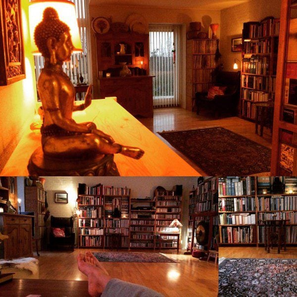 a collage of photographs of the author's apartment detailing her library and a buddha statue