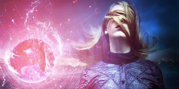 a digtially altered image of a woman, whose hair covers her eyes, on a barren landscape next to a mystical orb glowing with light; here the orb represents a Thought-form