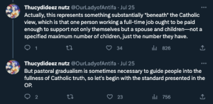 My further tweets: Actually, this represents something substantially beneath the Catholic view, which is that one person working a full-time job ought to be paid enough to support not only themselves but a spouse and children -- not a specified maximum number of children, just the number they have. But pastoral gradualism is sometimes necessary to guide people into the fullness of Catholic truth, so let's begin with the standard presented in the OP [original post, i.e. the quote tweet above].