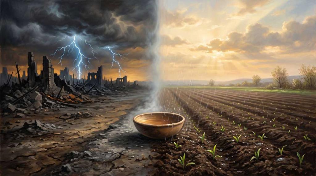 A symbolic, split-composition painting representing two responses to tragedy. The left side features a dry, ash-covered landscape with broken stone ruins under a dark, stormy sky with blue lightning. The right side shows a peaceful, tilled field with small green shoots emerging under a soft, golden dawn sky with gentle rain. In the center, a simple empty clay bowl catches the rain, symbolizing quiet lament and the potential for healing