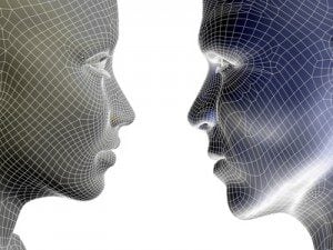 Conceptual wireframe mesh man woman face