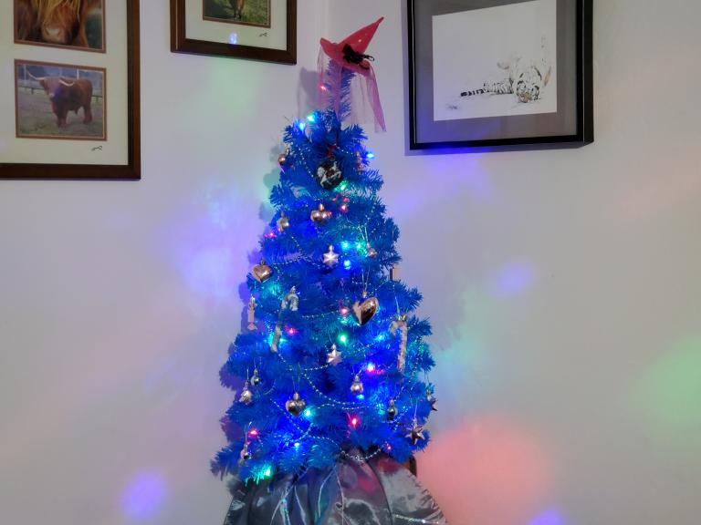 My small Yule tree for 2020, tucked into a corner. Photo by author.