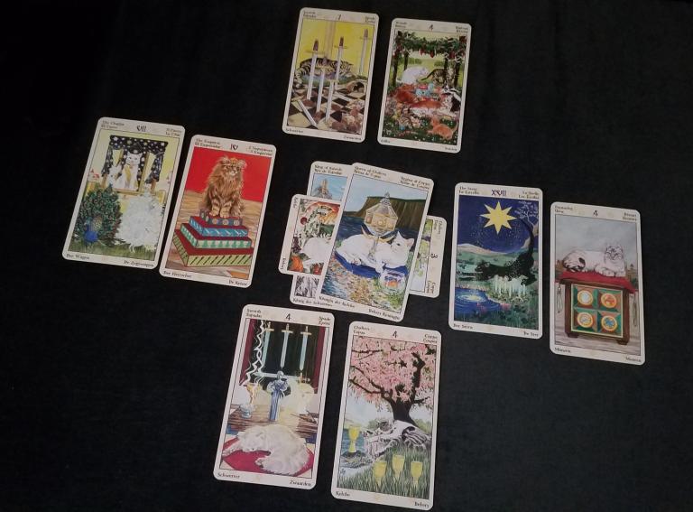 My first reading using this tarot spread. Deck is the <a href=”https://www.llewellyn.com/product.php?ean=9780738726700”>Tarot of Pagan Cats</a>.