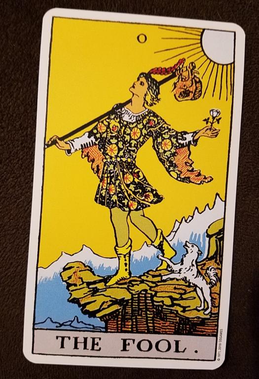 The Fool tarot card, from the Smith-Waite Tarot Deck, photo by author.