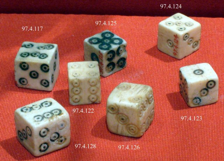 Some pretty Roman dice. <a href="https://commons.wikimedia.org/wiki/File:Dice_MET_chr97.4.117.jpg">Metropolitan Museum of Art</a>, CC0, via Wikimedia Commons