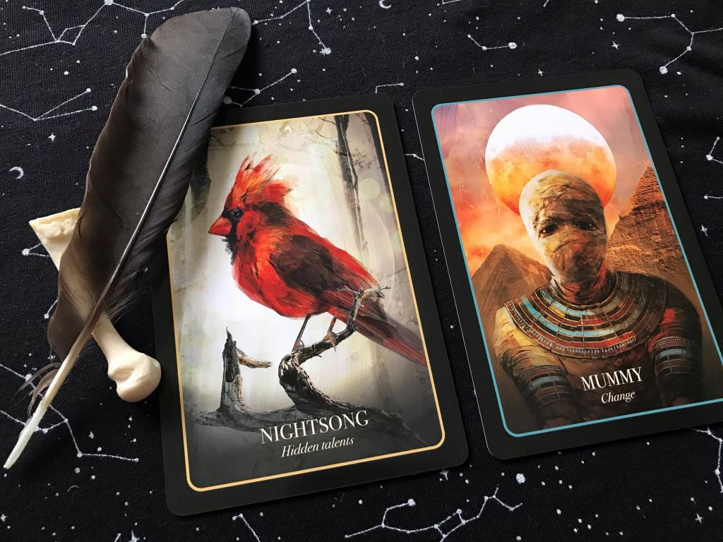 "Nightsong" and "The Mummy," two of the more anachronistic cards from The Halloween Oracle