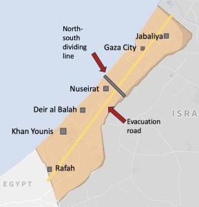Gaza is about 25 miles top to bottom, and 3.5 - 7.5 miles wide