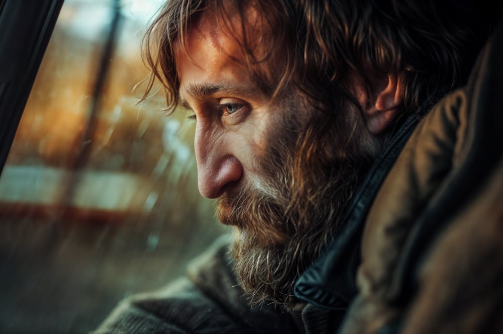 A man sitting at a window contemplating his suffering