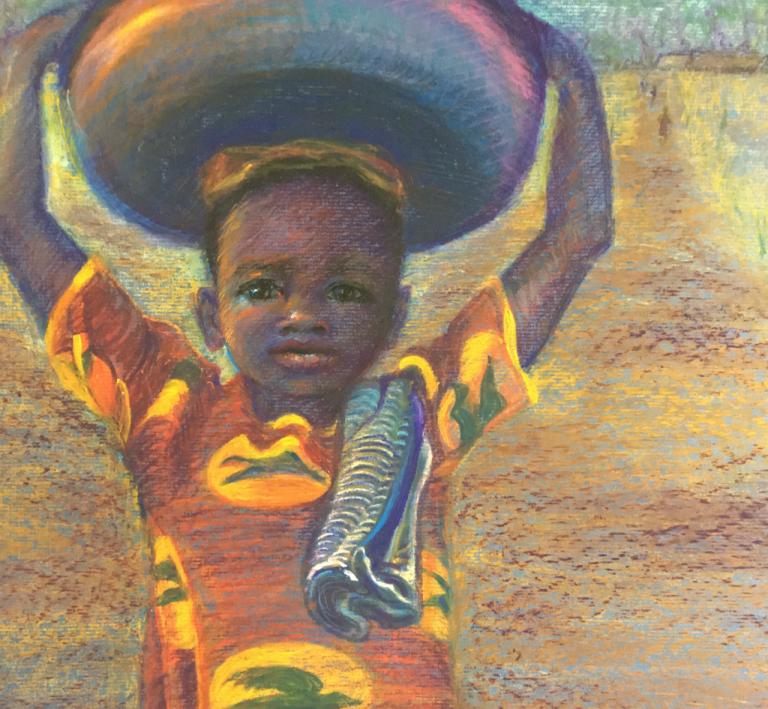 African girl carrying a bowl on her head.