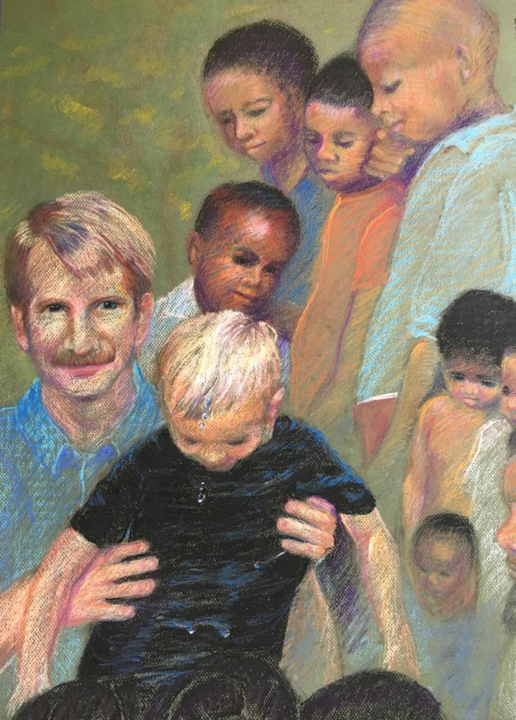 When we went to Mozambique, we wanted to be God's co-workers. Joseph's Baptism, Oil Pastel by Susan E. Brooks.