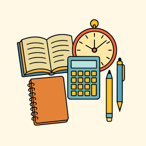Drawing of book, clock, calculator, pens and notebook.