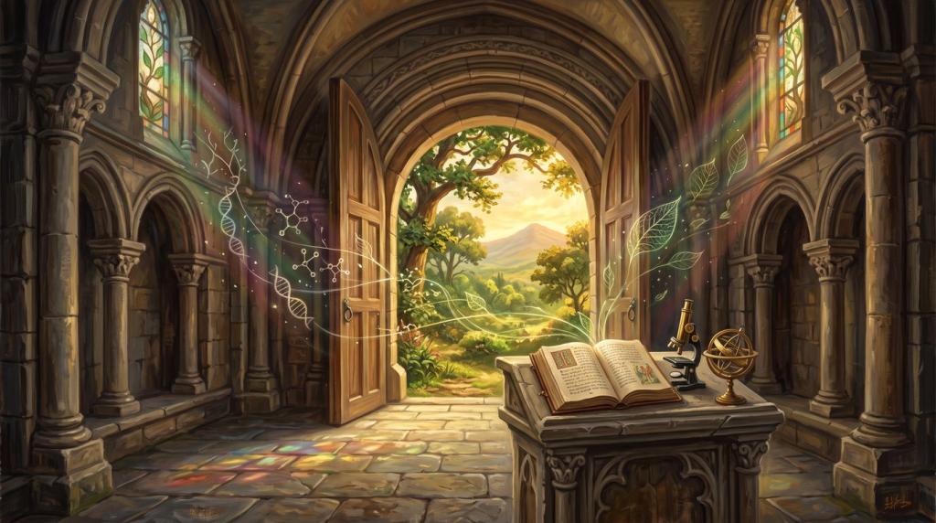 A conceptual painting symbolizing the theology of nature and science. An open leather-bound manuscript, brass armillary sphere, and microscope rest on a stone table inside a Gothic cathedral archway. The open arch looks out onto a vibrant, sunlit mountain valley and forest, with subtle scientific and celestial geometries blending harmoniously with streaming golden sunlight.